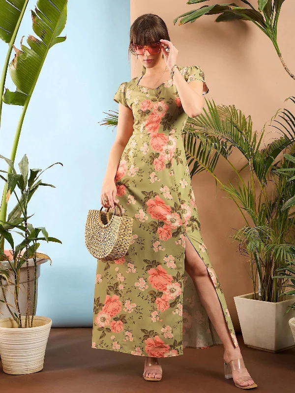 women's casual dressesWomen Olive Floral Sweet Heart-Neck Midi Dress