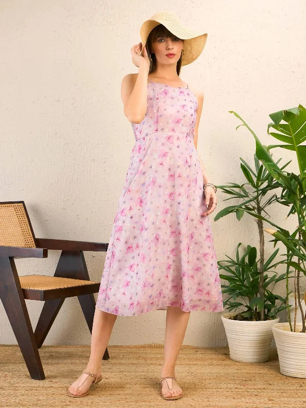 Zipper DressWomen Pink Floral Strappy Midi Dress