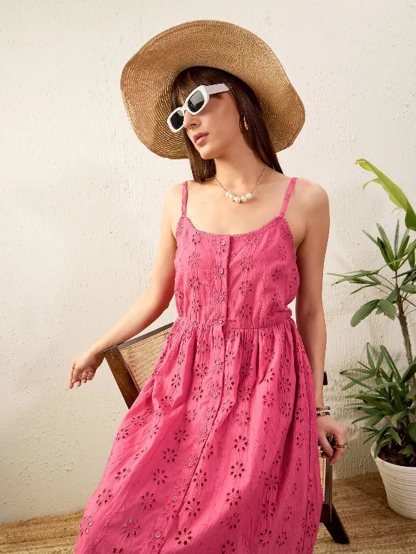 Petite DressWomen Pink Schiffli Strappy Midi Dress