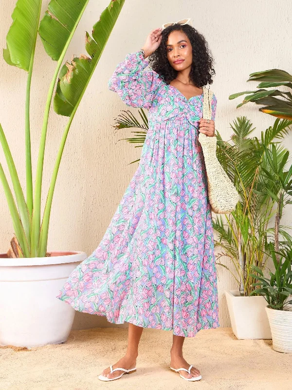 Cold-Shoulder DressWomen Pink Tulip Print Sweetheart Midi Dress