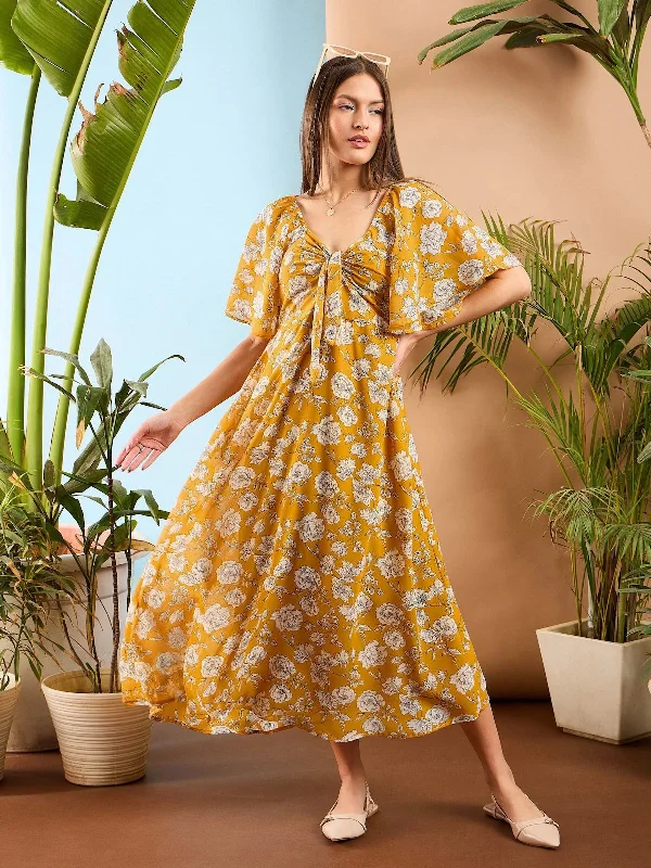 women's retro dressesWomen Yellow Floral Front Tie Midi Dress