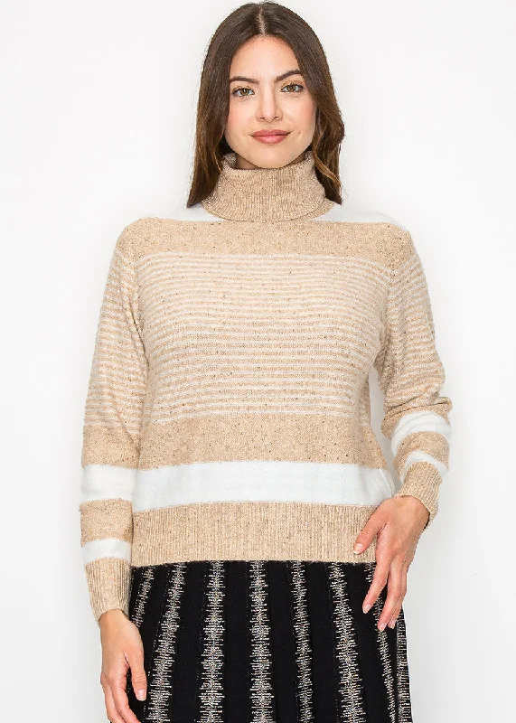 Trendy Vintage Flannel SweatersBeige Striped Turtleneck Sweater