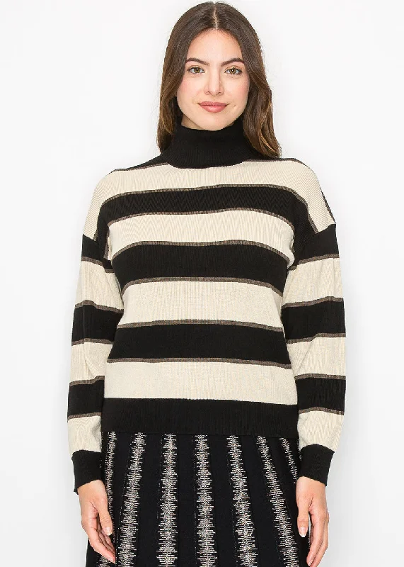 Patterned Cashmere SweatersBlack and Cream Striped Pullover with Turtleneck