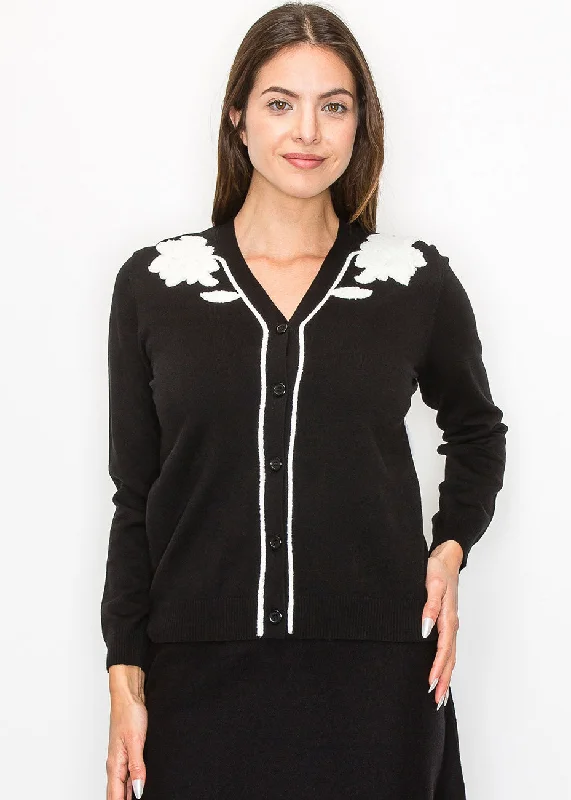 Stylish Flannel SweatersBlack and White Floral Embroidered Cardigan