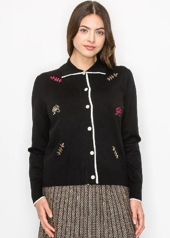 Retro SweatersBlack Buttoned Cardigan with Floral Accents