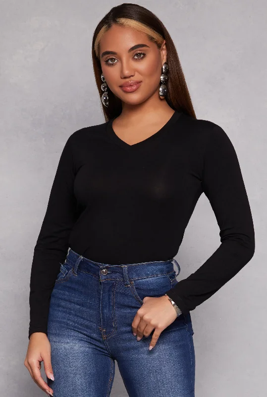 women's tops for those who want to wear versatile pieces that can be dressed up or downLong Sleeve V Neck Tee