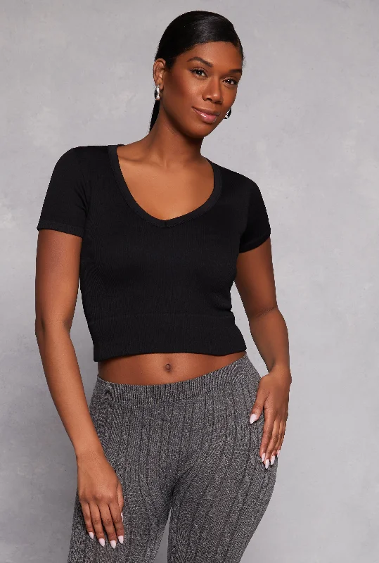 women's tops for those who want to add a bit of flair and personality to their looksSeamless Ribbed Knit V Neck Crop Top