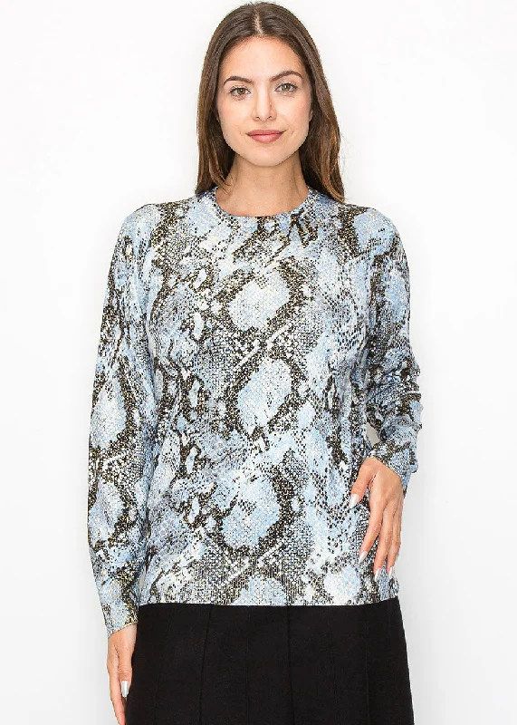 Knitted Crewneck SweatersBlue Snake Print Long Sleeve Top