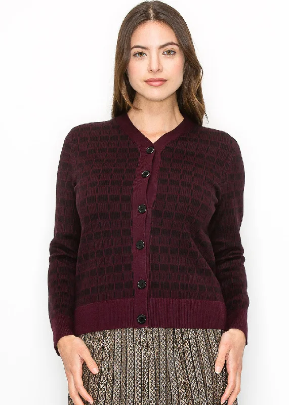 Cozy Custom Embellished SweatersBurgundy and Black Check Knit Cardigan