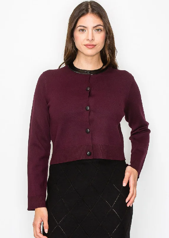 Casual SweatersBurgundy Knit Cardigan with Elegant Collar Accent