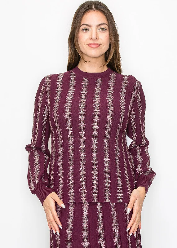 Thick Cashmere SweatersBurgundy Top with Shimmering Stripe Details