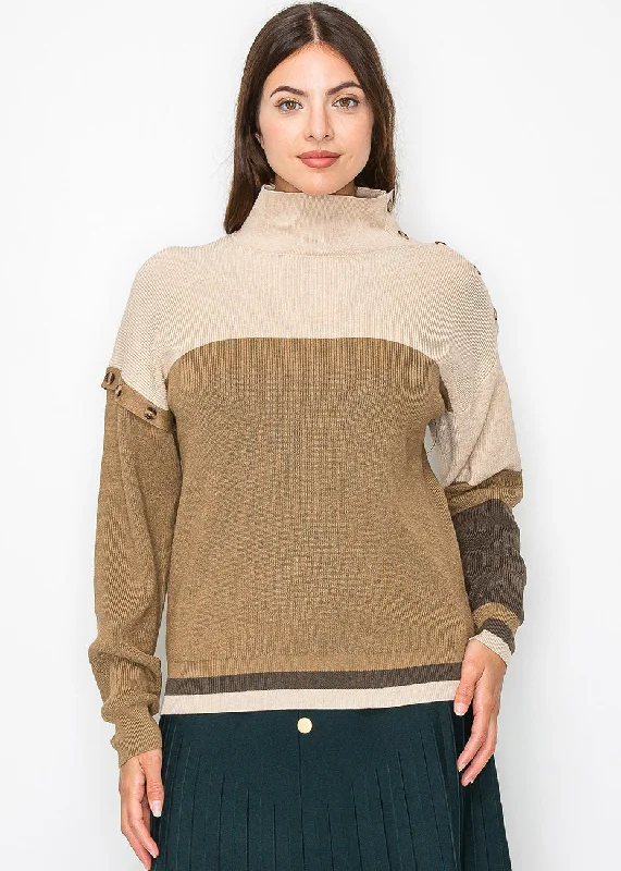 Fashionable Funky Hooded Cashmere SweatersCamel Knit Sweater with Button Detailing