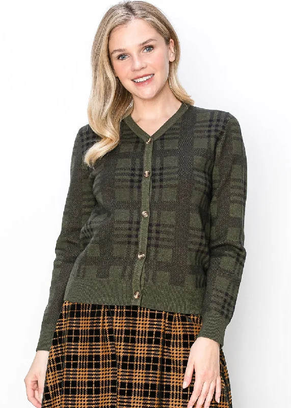 Plus-Size Quick-Dry Soft Knitted SweatersClassic Olive Plaid Cardigan