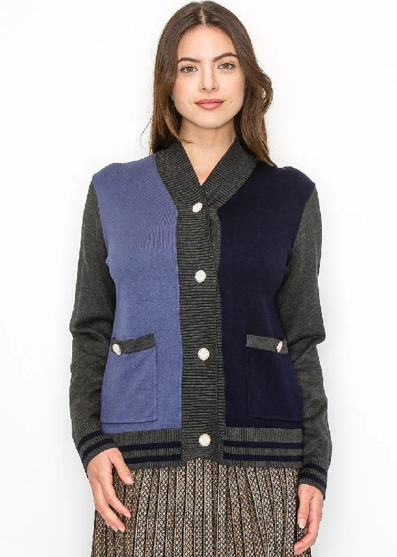 Fashionable SweatersColorblock Navy and Blue Buttoned Cardigan