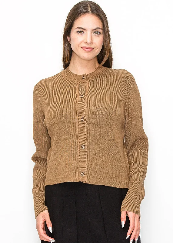 Plus-Size Flannel SweatersElegant Ribbed Camel Cardigan