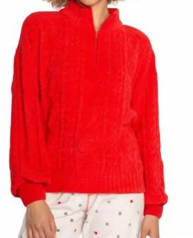 Cozy Custom Embellished SweatersFestive Cable Knit Quarter Zip In Scarlet