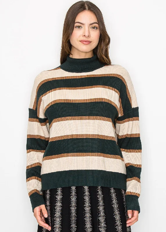 Plus-Size SweatersForest Green Striped Turtleneck Sweater