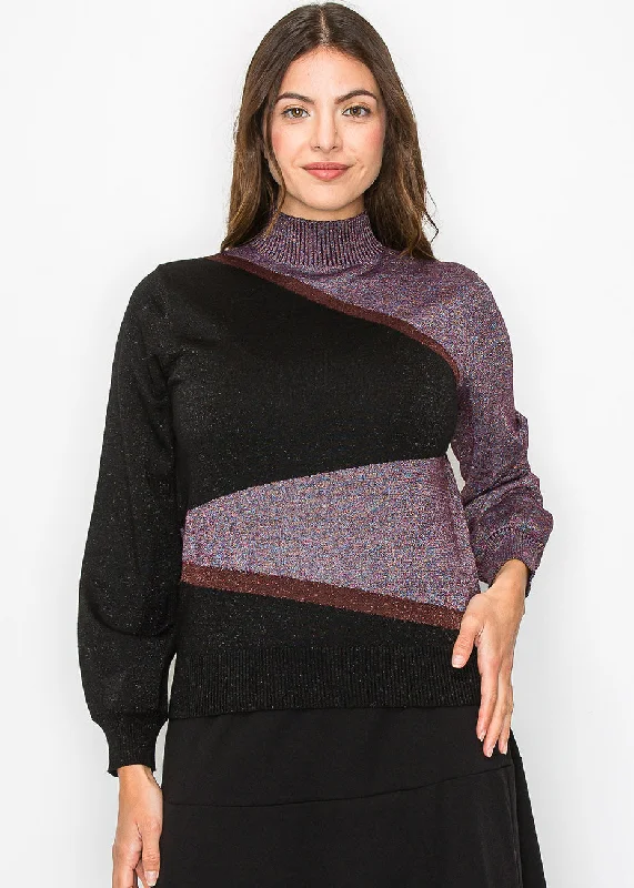 Retro Crewneck SweatersGeometric Colorblock Turtleneck Sweater