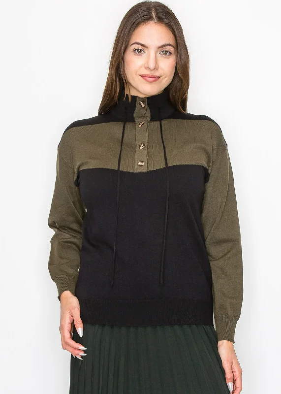 Colorful Comfortable Casual SweatersHigh-Neck Olive Panel Sweater