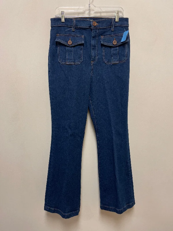 women's denim jeans with leather patchesJeans Flared By Loft In Blue Denim, Size: 14