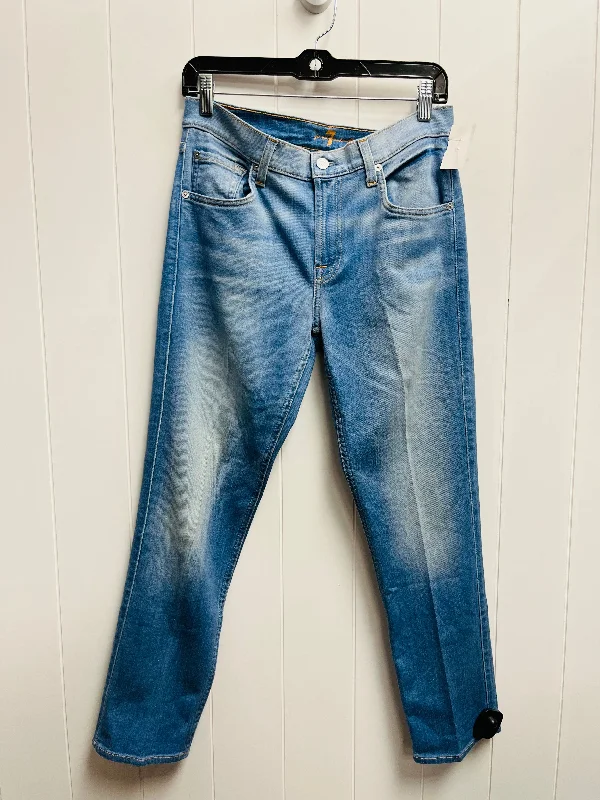 women's denim jeans with leather patchesJeans Skinny By 7 For All Mankind In Blue Denim, Size: 4