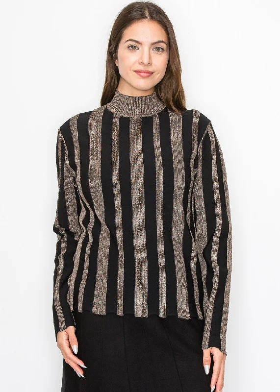 Luxurious Oversized Cardigan SweatersMetallic Stripe Mock Neck Top