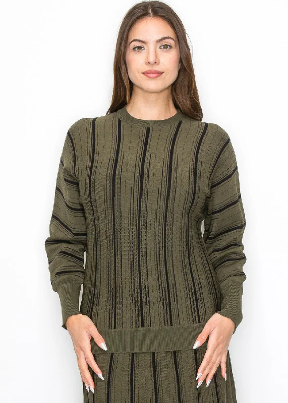 Funky Hooded SweatersOlive Knit Sweater with Vertical Stripes