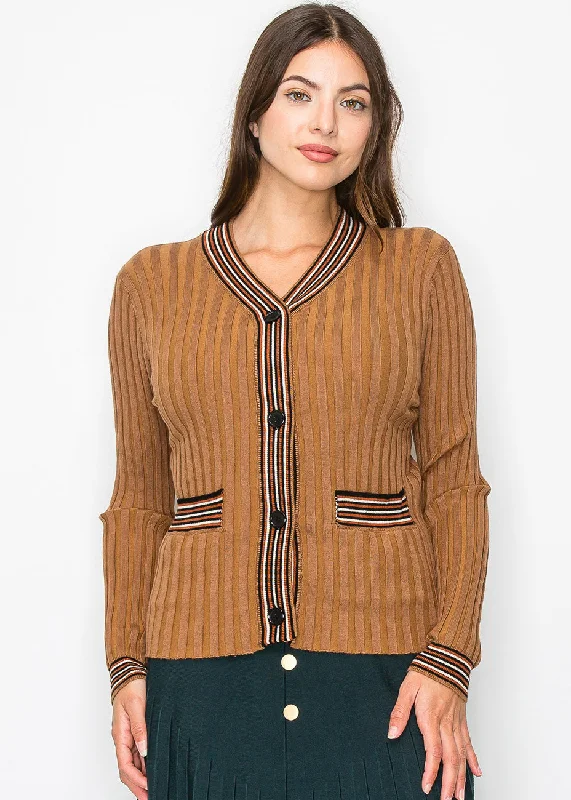 Cardigan Baby SweatersRibbed Camel Cardigan with Striped Details