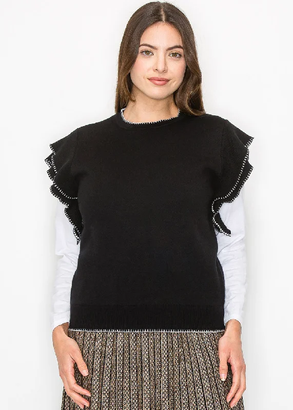 Patterned SweatersRuffle-Accent Black Vest