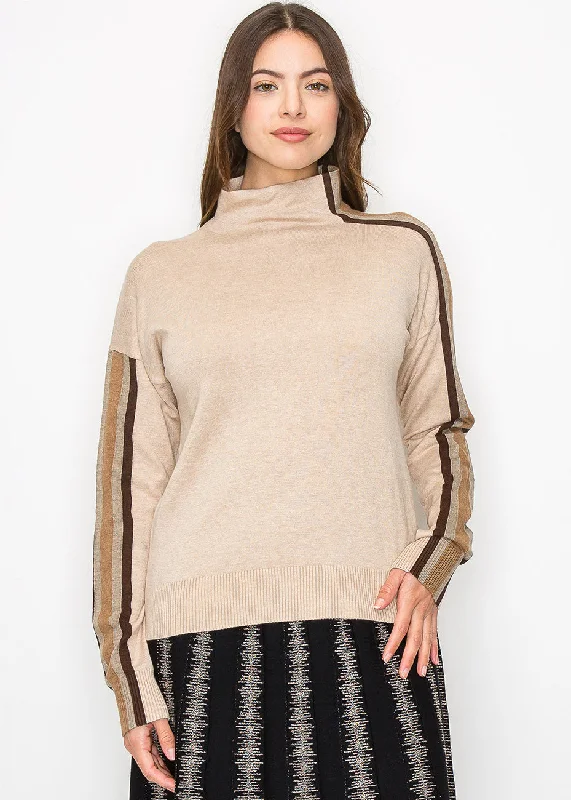 Affordable SweatersStriped Sleeve Mock Neck Pullover