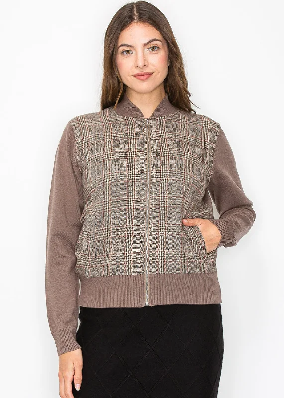 Wholesale Affordable Women's SweatersTaupe Plaid Panel Zip-Up Cardigan