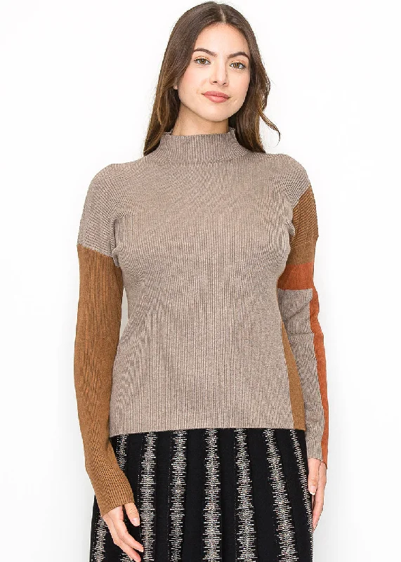 High-Neck SweatersTaupe Ribbed Sweater with Warm Accents