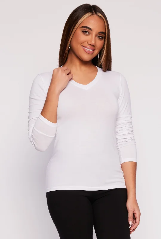 women's tops with lace-up frontsV Neck Long Sleeve Tee